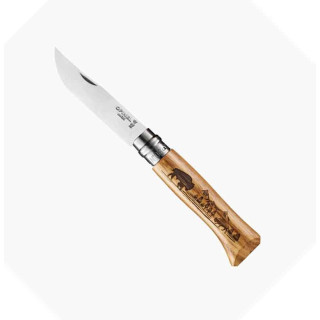 Couteau Opinel n° 8 gravure Bison, manche en chêne