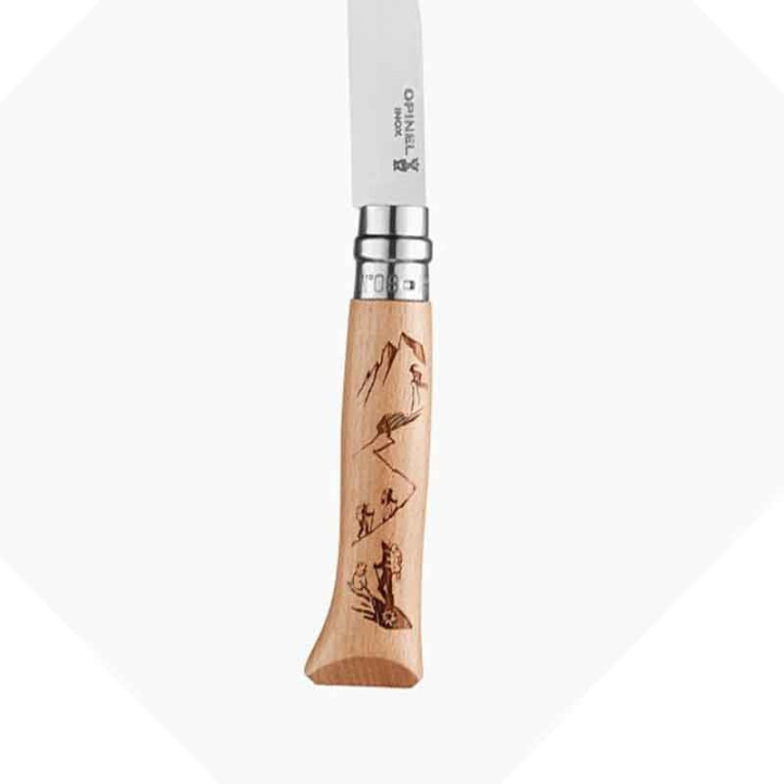Couteau Opinel SPORT n° 8 gravure RANDO, manche en hêtre