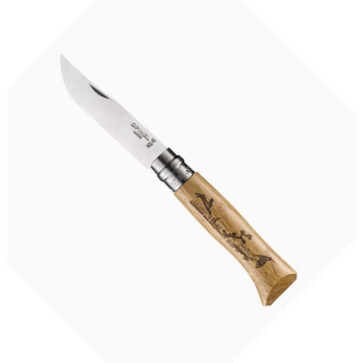 Couteaux de poche Opinel n° 8 gravure Lièvre, manche en chêne