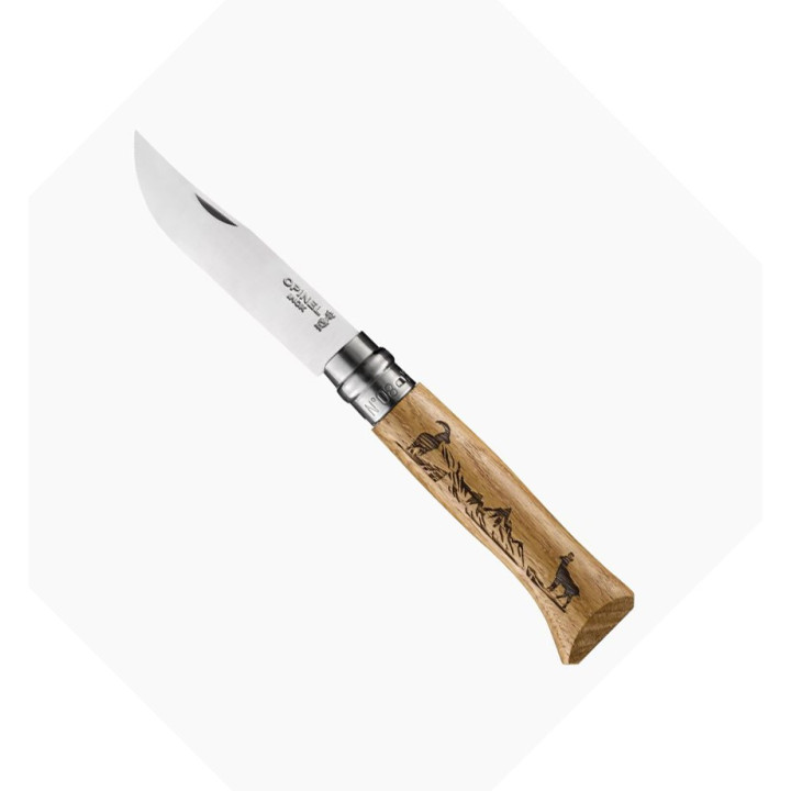 Couteaux de poche Opinel n° 8 gravure Chamois, manche en chêne