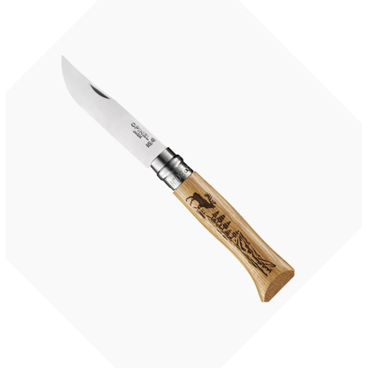 Couteaux de poche Opinel n° 8 gravure Cerf, manche en chêne