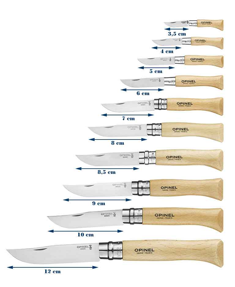 Dimensions des lames des couteaux Opinel du N°2 au N°12