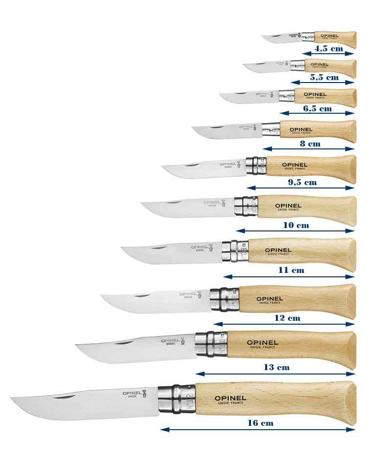 Dimensions des manches des couteaux Opinel du N°2 au N°12